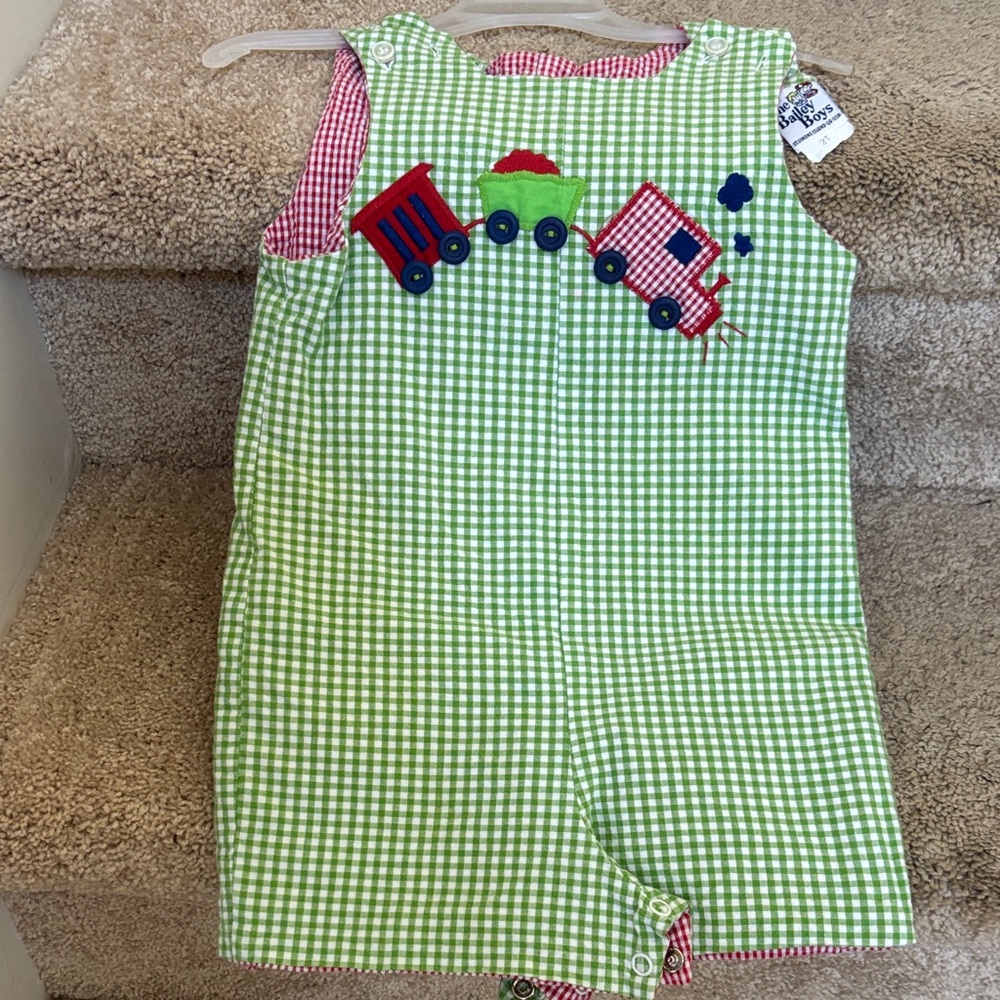 THe Bailey Boys Green Gingham Baby Romper with Train Design (reversible)